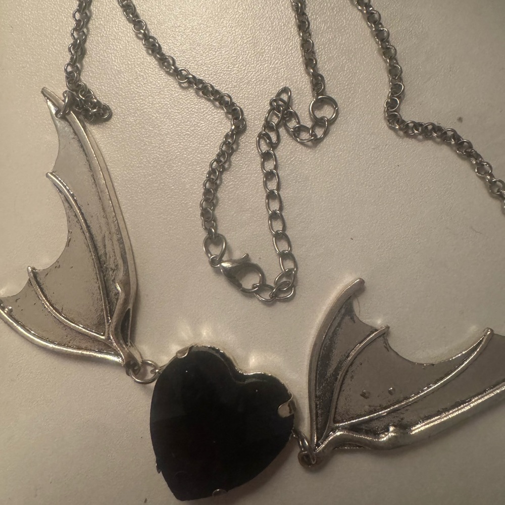 Silver and Black Winged Heart Necklace